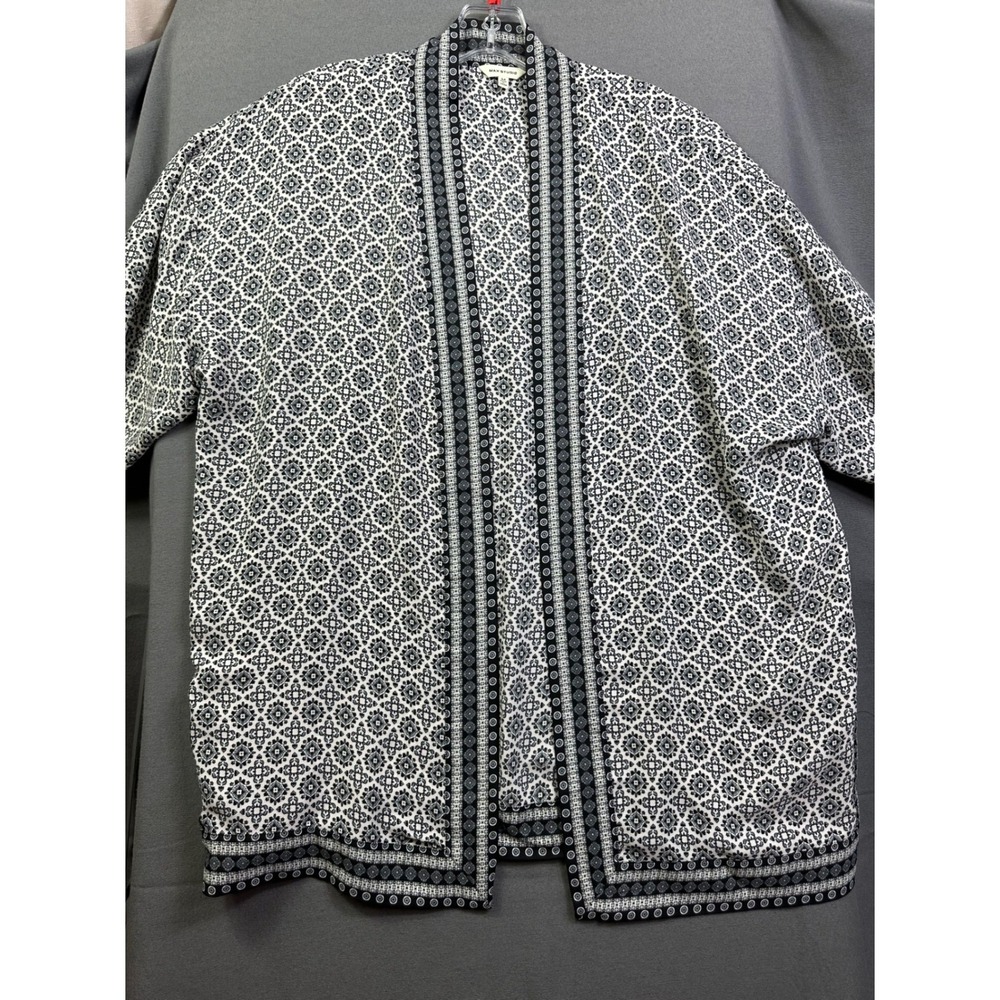 Max Studio Women's Black White Geometric Tile Print Open Front Kimono Cardigan M
